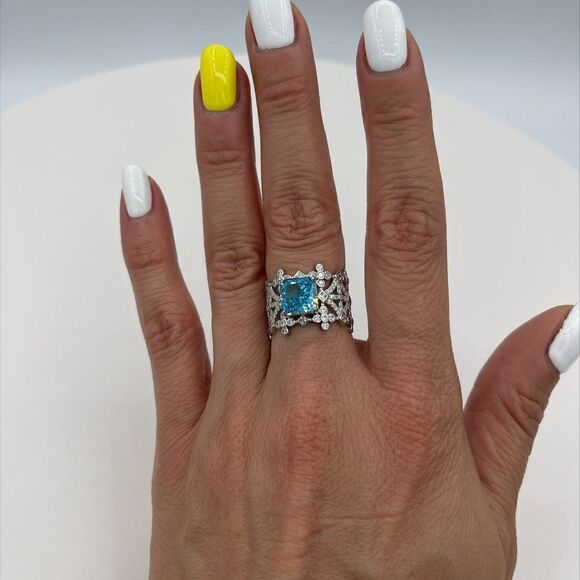 New, no tags, solid sterling, aquamarine, diamonds, intricate silver setting - Picture 7 of 12